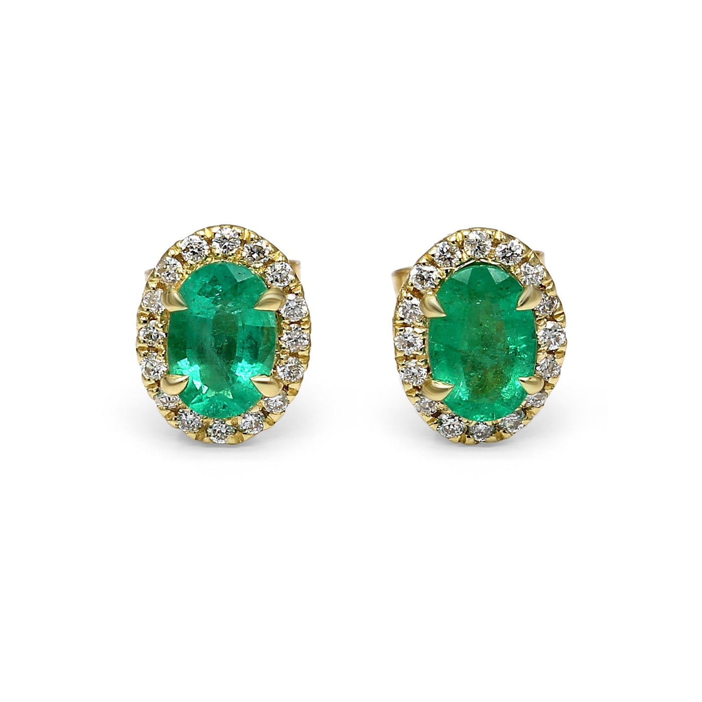 Diamond Halo and Oval Emerald Stud Earrings